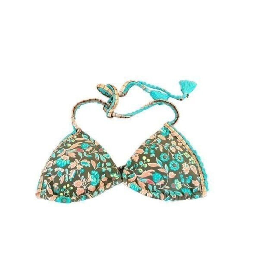 Aerie Crochet Trim Teal & Brown Floral Triangle Bikini Top - Boho Print Size Top
